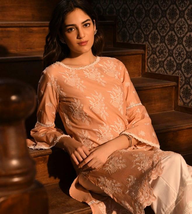 mulmul anisa kurta with floral lace flared pants