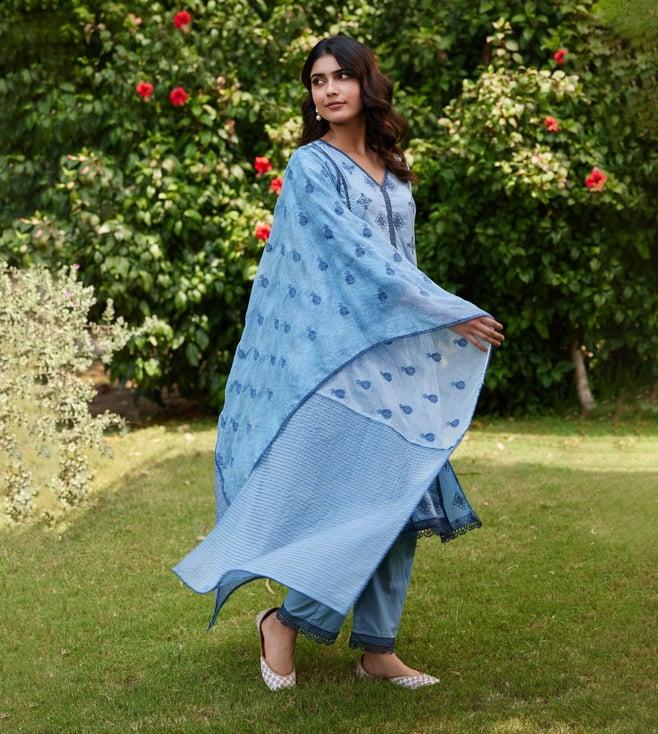 mulmul blue seher kurta with seher pants and mehr dupatta