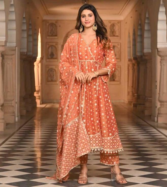 mulmul burnt orange majhi anarkali with majhi pants and majhi dupatta