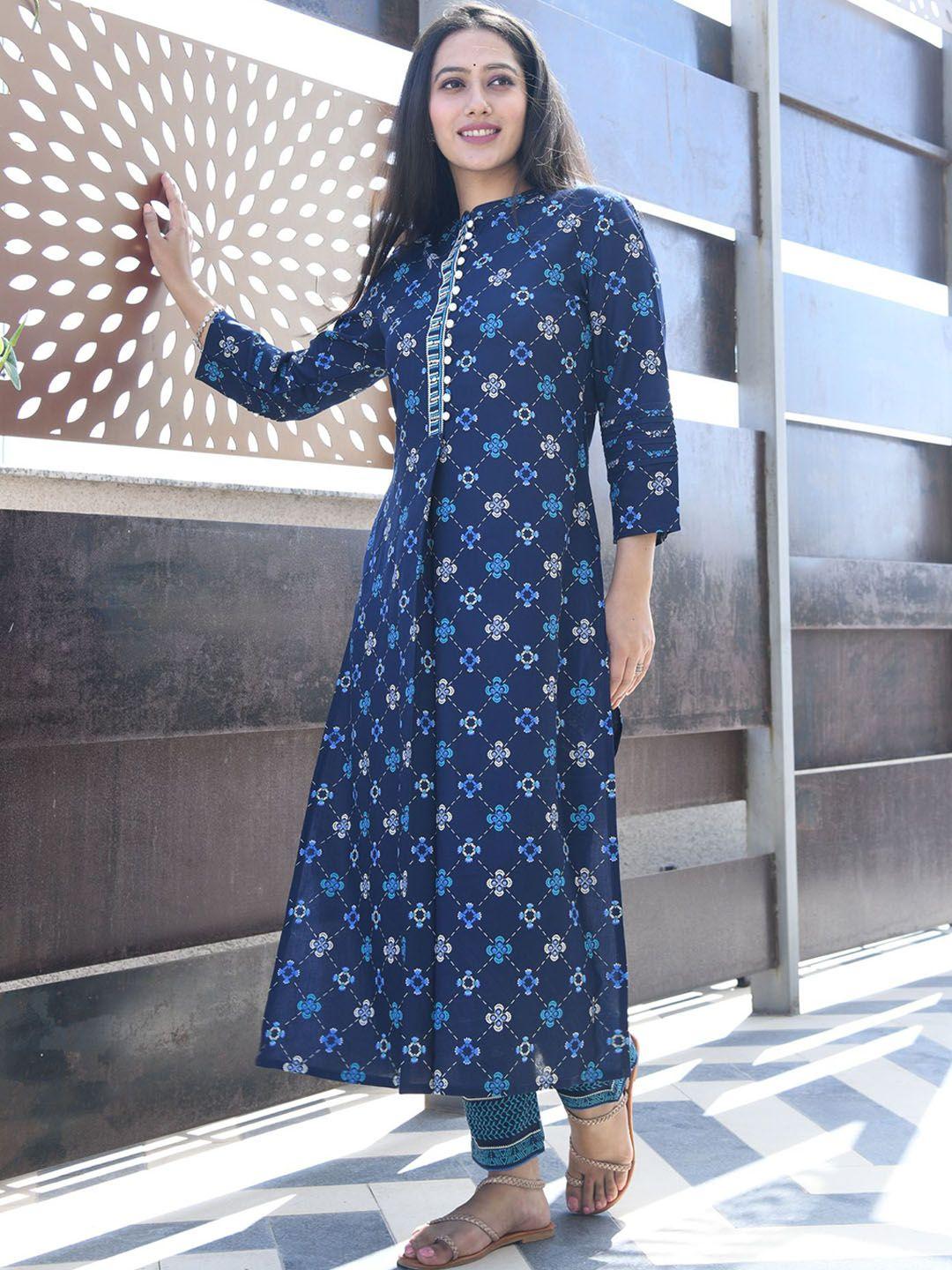 mulmul by arabella women blue floral printed layered kurta with trousers