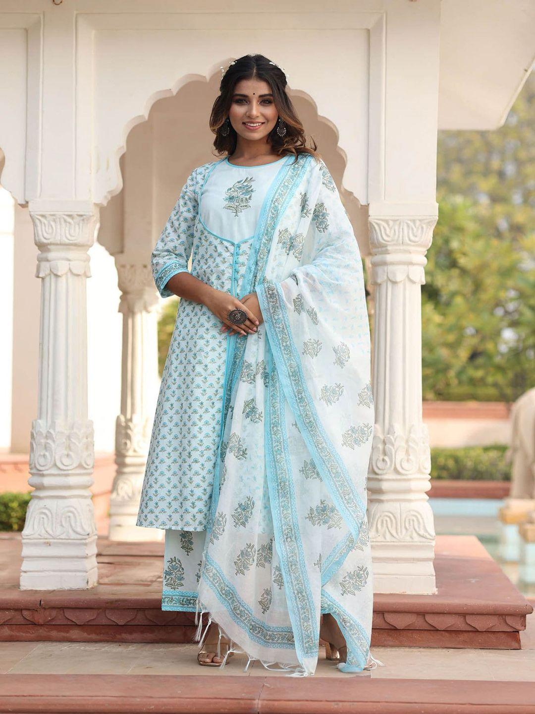 mulmul by arabella women blue floral printed pure cotton kurta with palazzos & dupatta