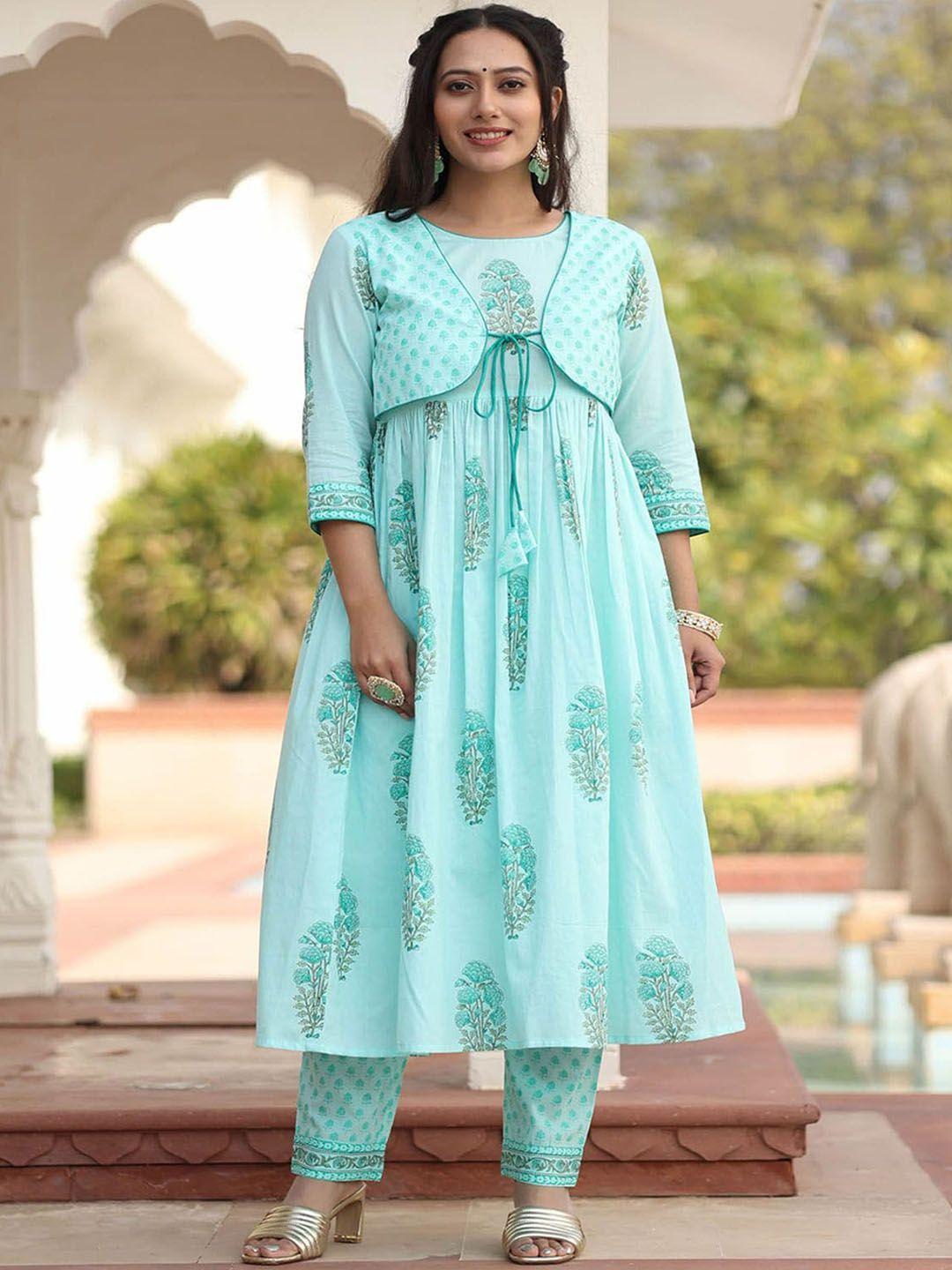 mulmul by arabella women blue floral printed pure cotton kurta with pyjamas & dupatta