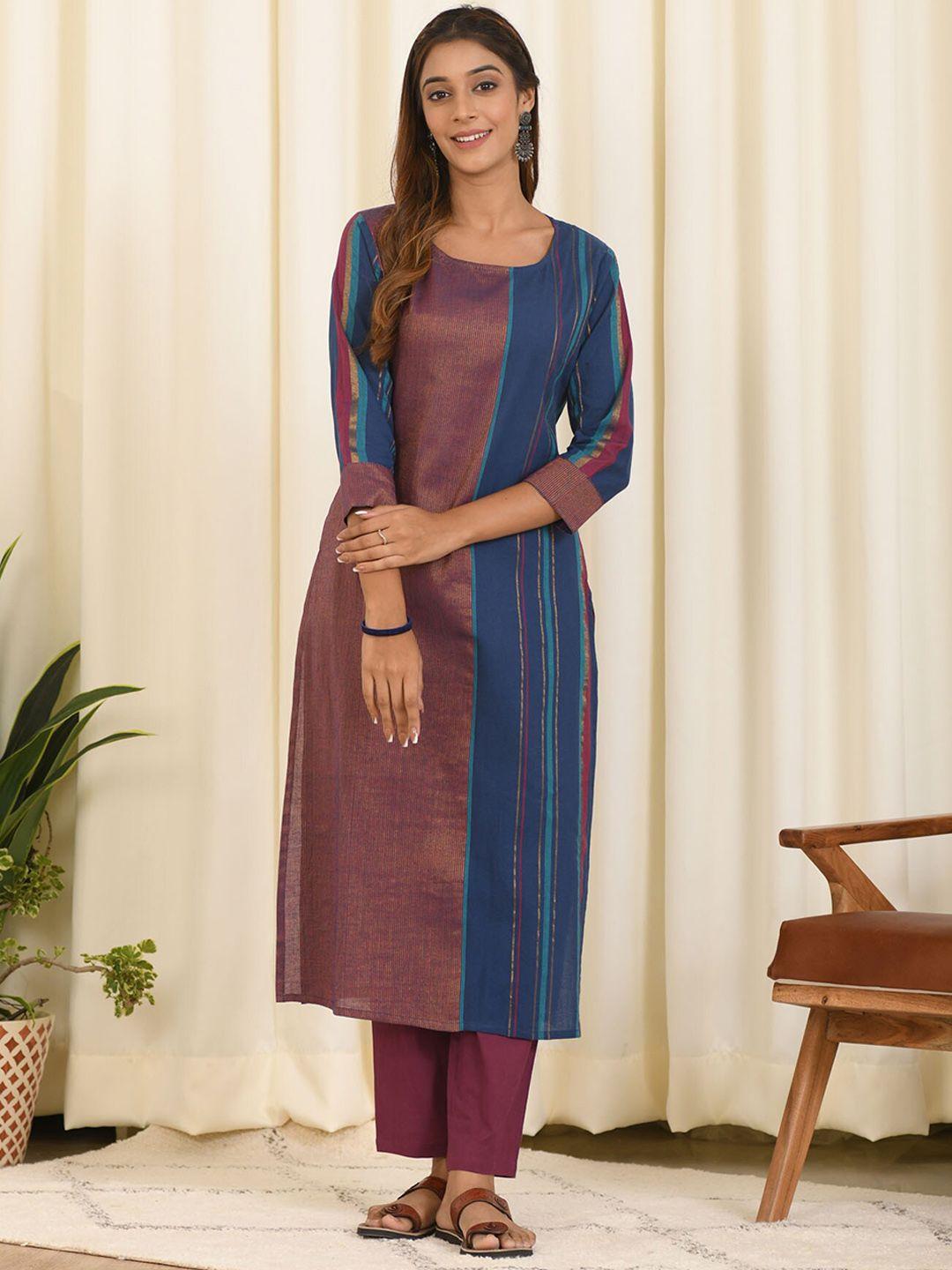 mulmul by arabella women blue striped pure cotton kurta with pyjamas