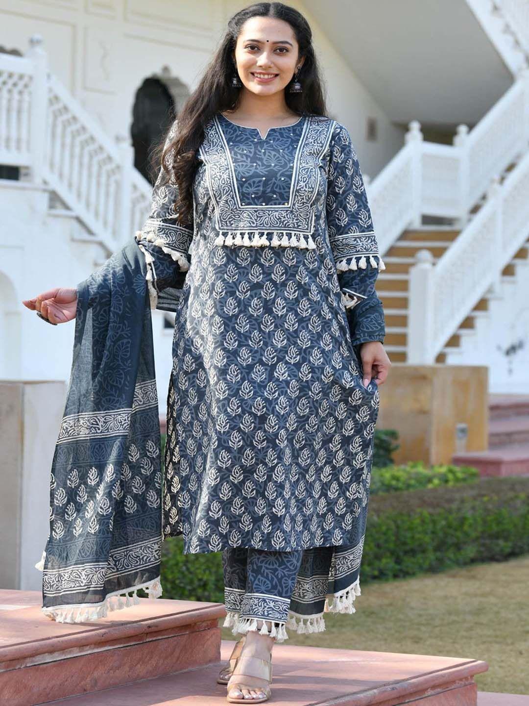 mulmul by arabella women grey paisley printed pure cotton kurta with palazzos & with dupatta