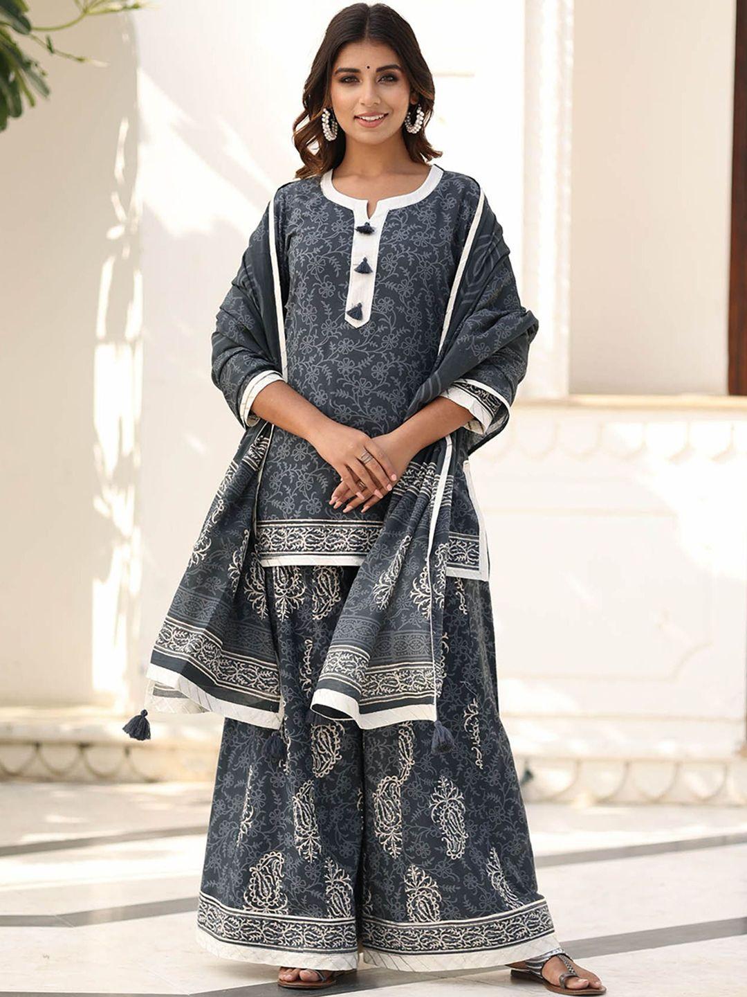 mulmul by arabella women grey pure cotton kurta with palazzos & with dupatta