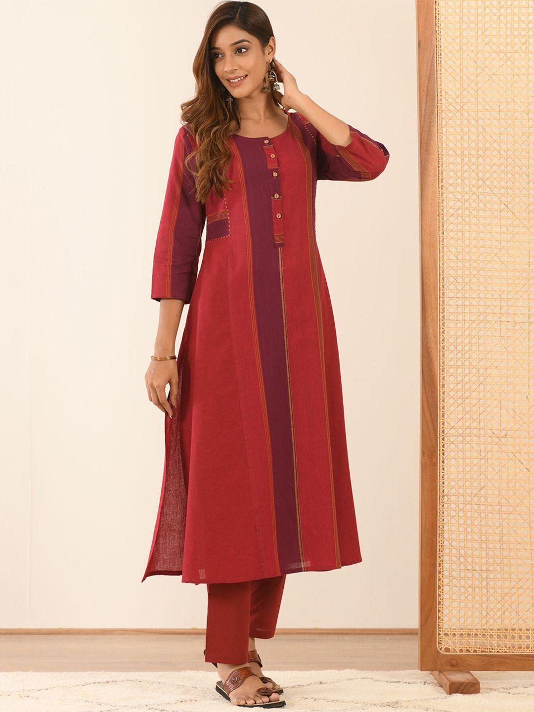 mulmul by arabella women maroon striped pure cotton kurta with pyjamas