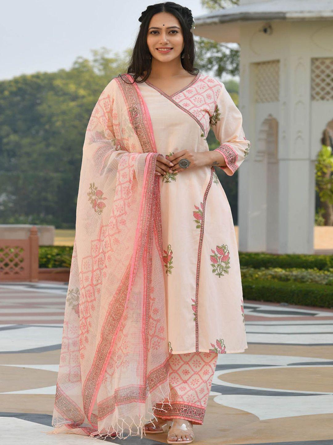 mulmul by arabella women peach floral printed pure cotton kurta with palazzos & dupatta