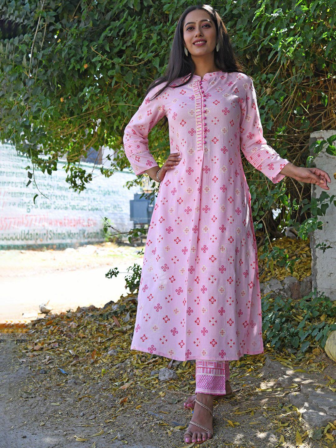 mulmul by arabella women pink floral printed high slit sequinned kurta with trousers & with dupatta