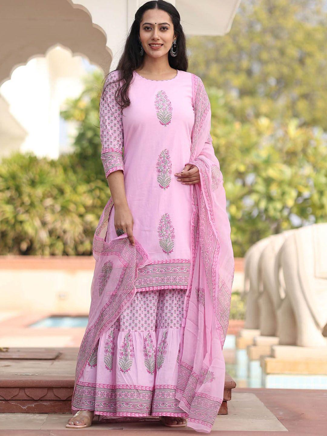 mulmul by arabella women pink floral printed pure cotton kurta with sharara & dupatta