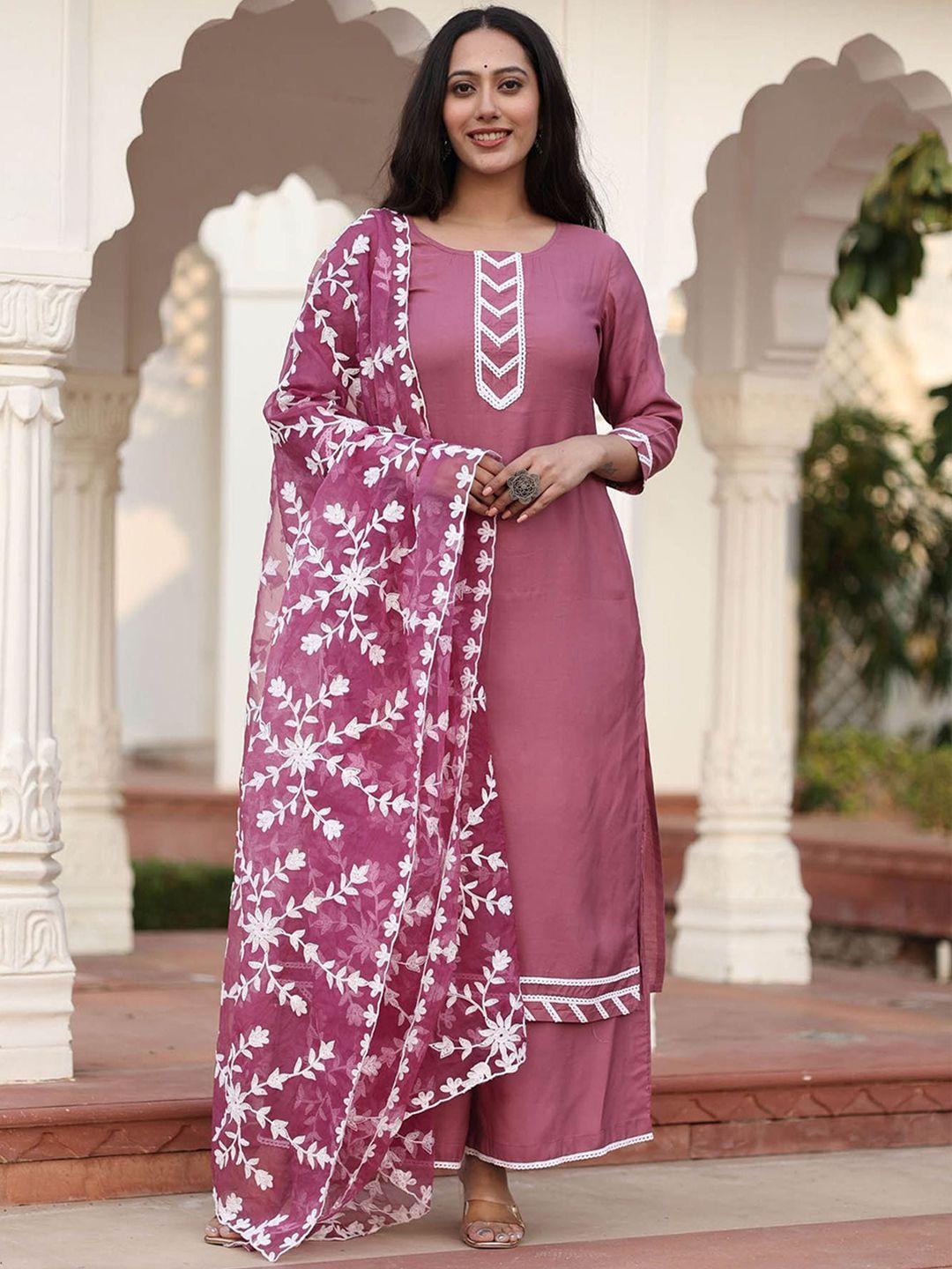 mulmul by arabella women purple embroidered kurta with palazzos & with dupatta