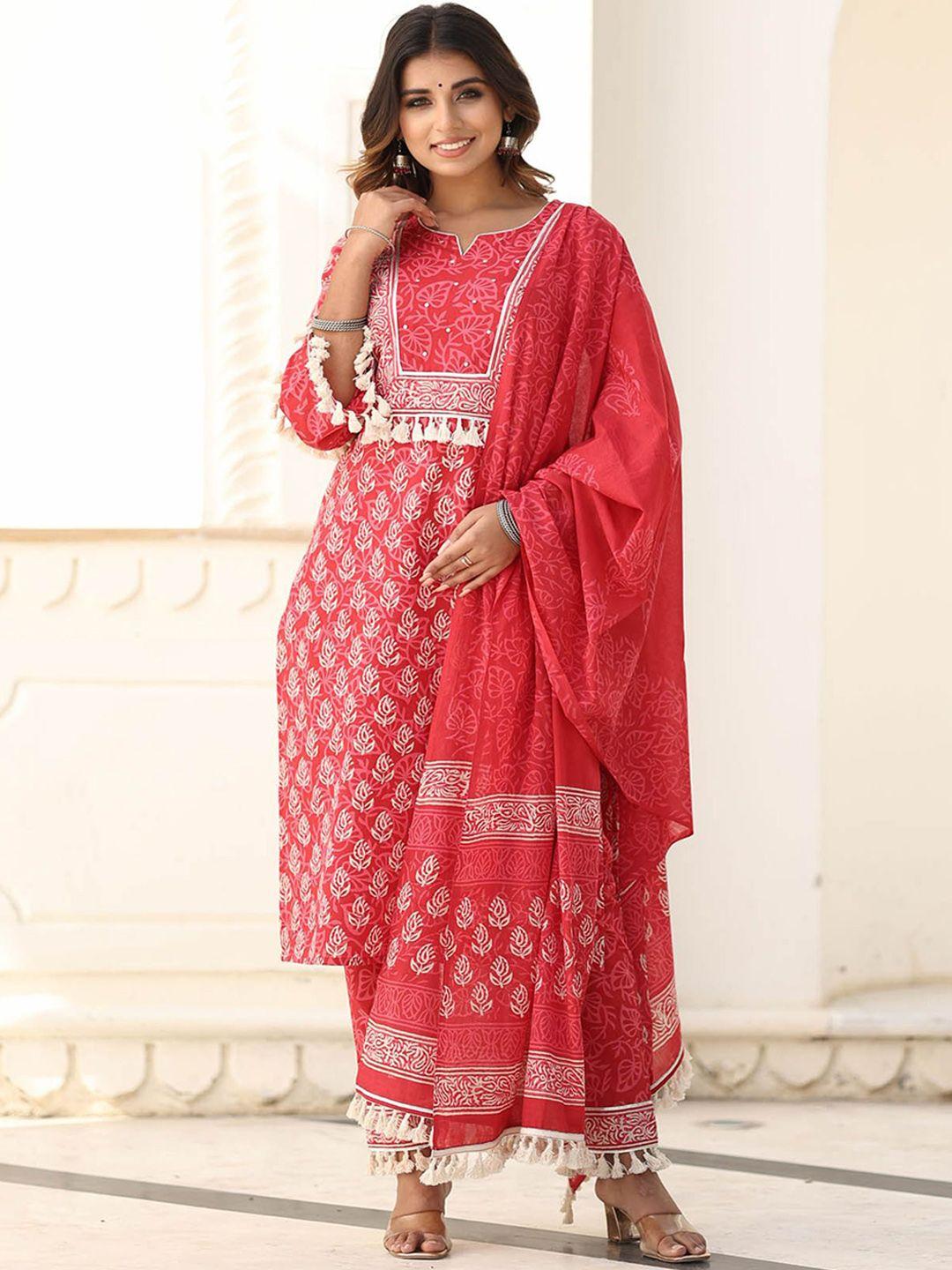 mulmul by arabella women red ethnic motifs pure cotton kurta palazzos & with dupatta