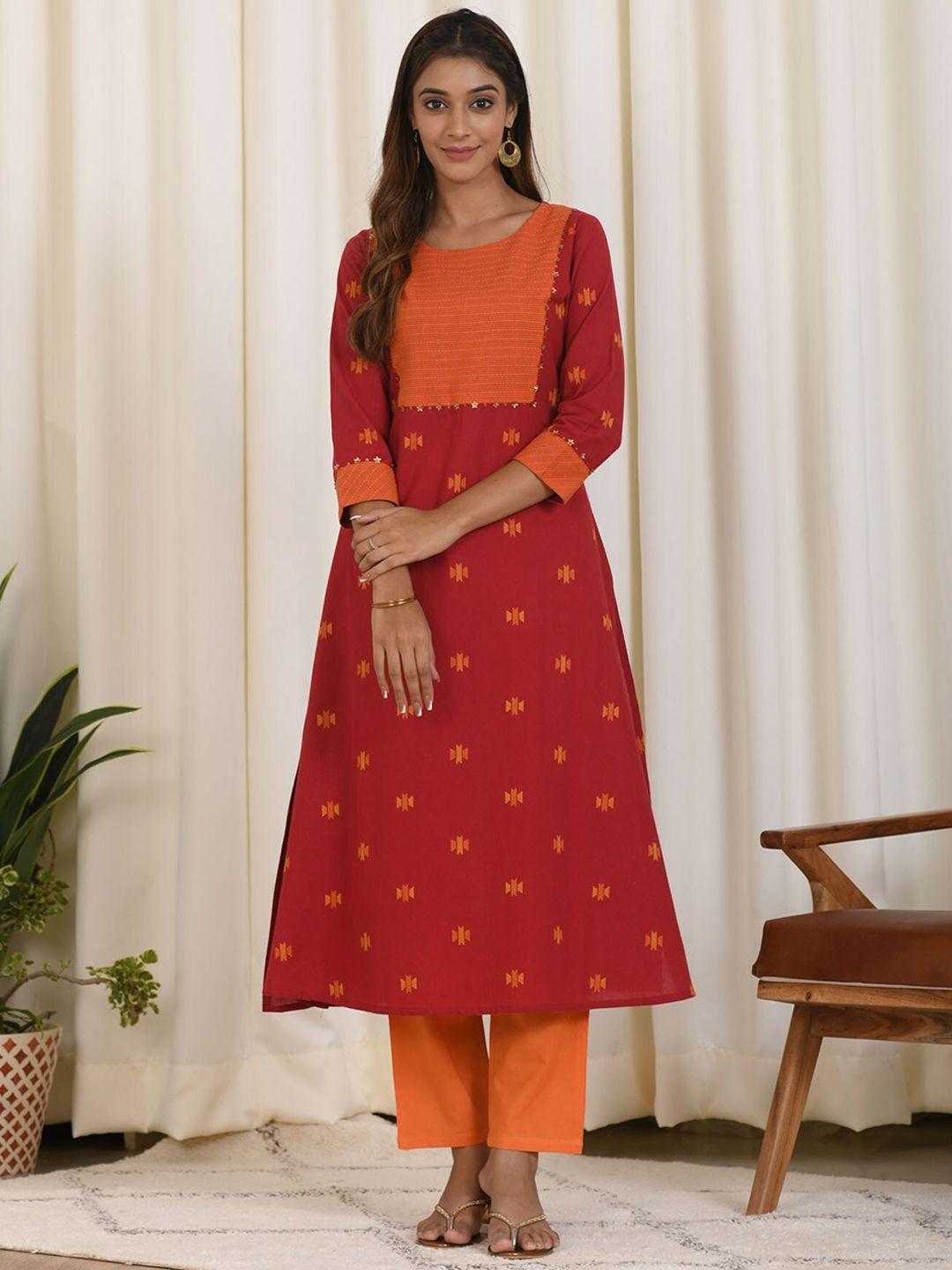 mulmul by arabella women red sequinned pure cotton kurta with pyjamas