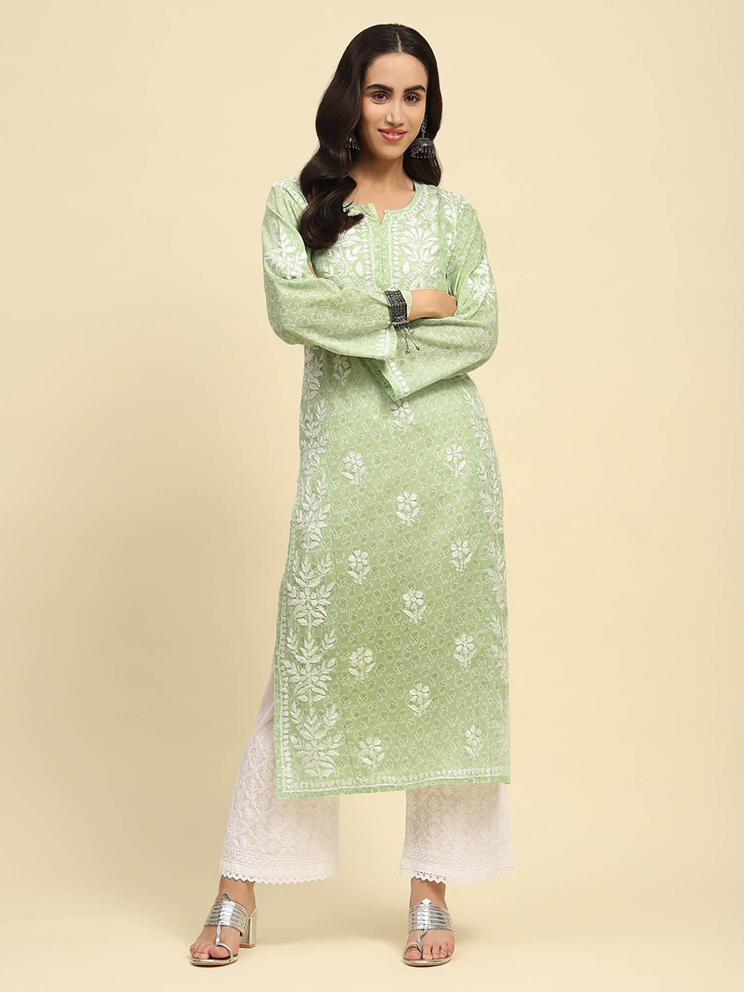 mulmul chikankari embroidered women green kurta