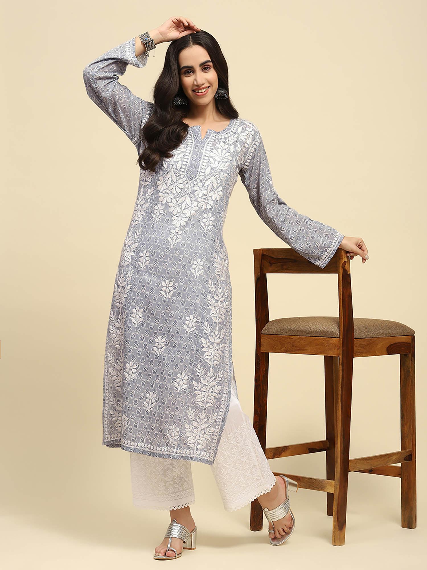 mulmul chikankari embroidered women grey kurta