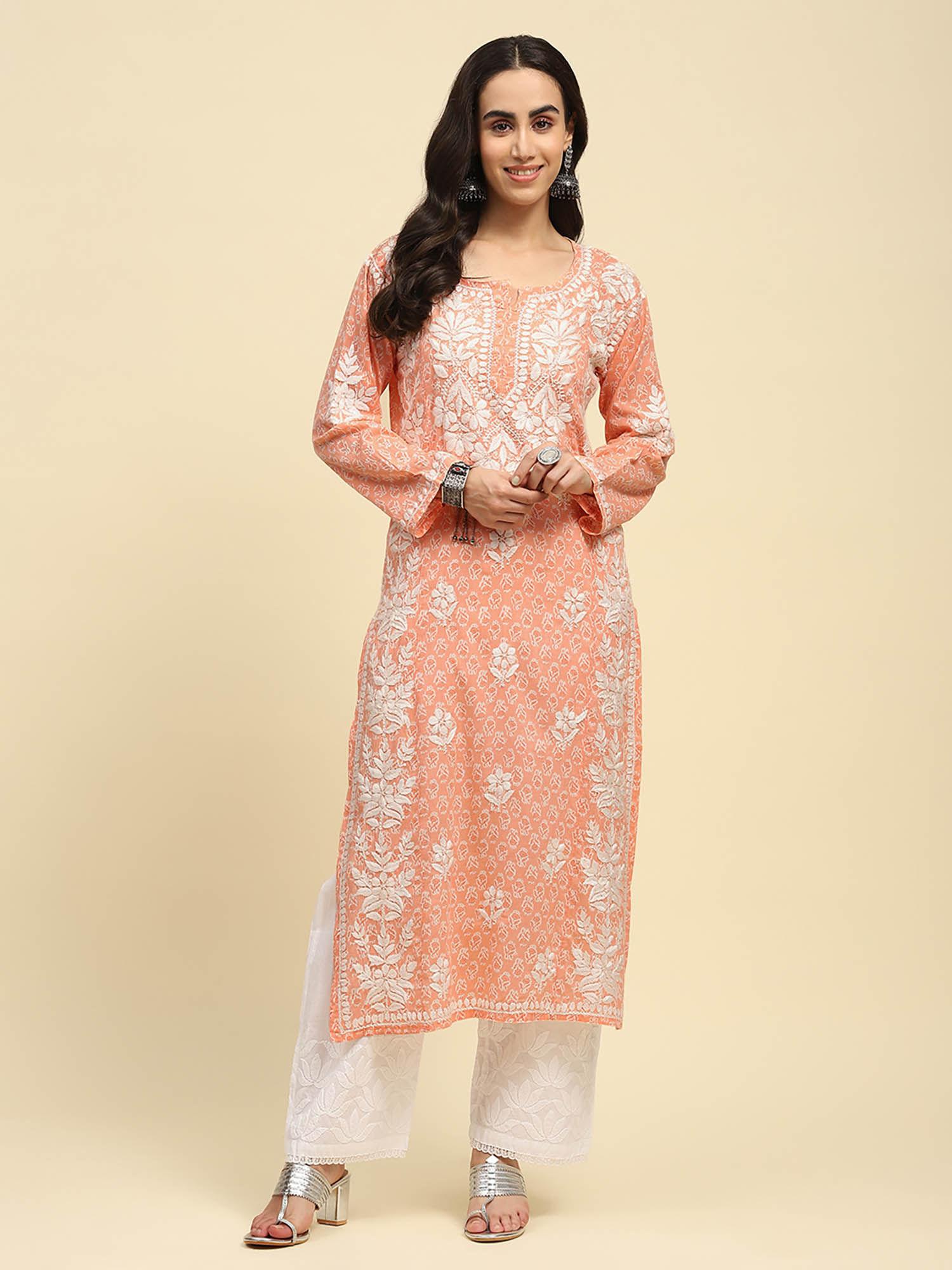 mulmul chikankari embroidered women peach kurta