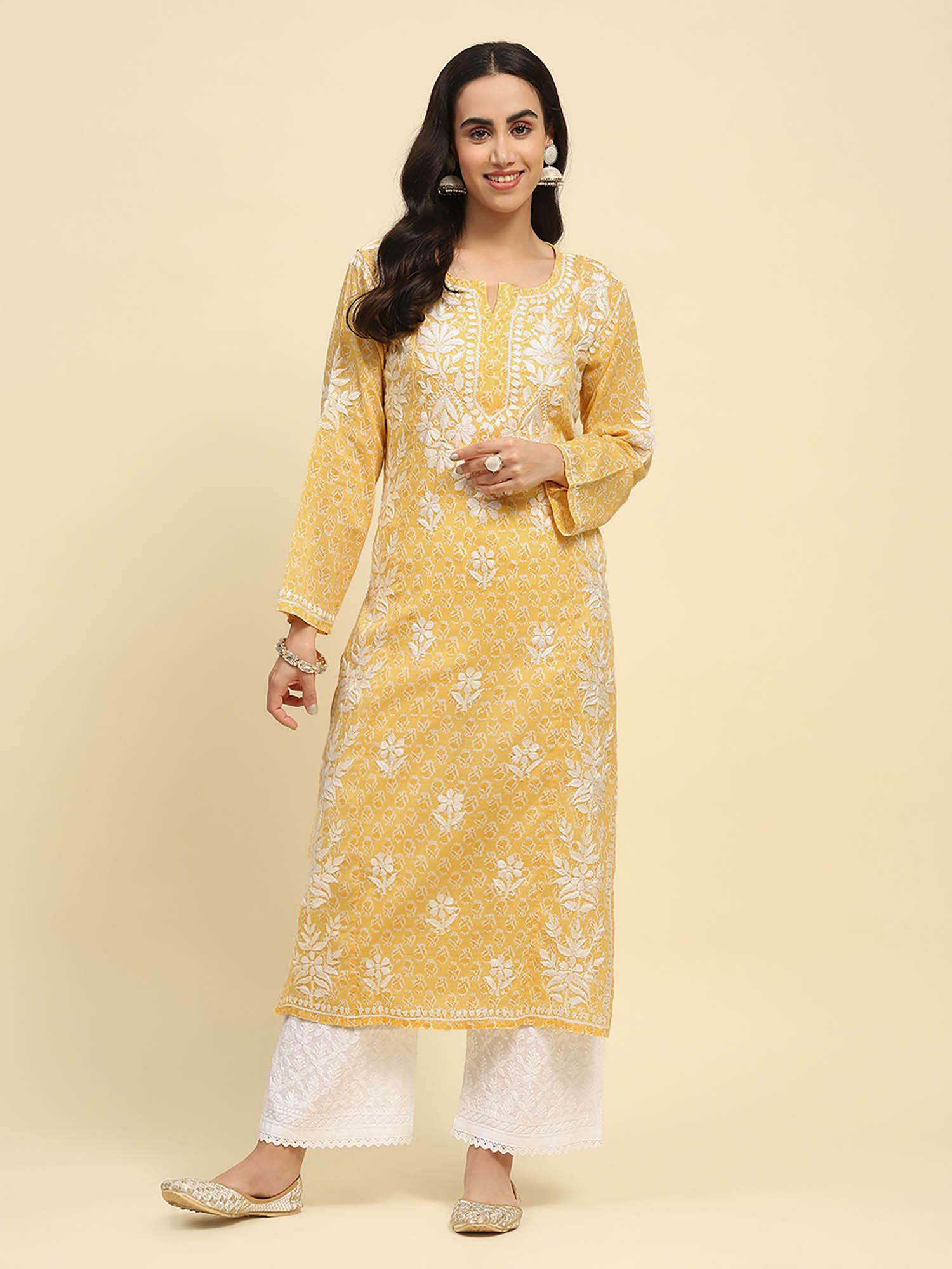 mulmul chikankari embroidered women yellow kurta