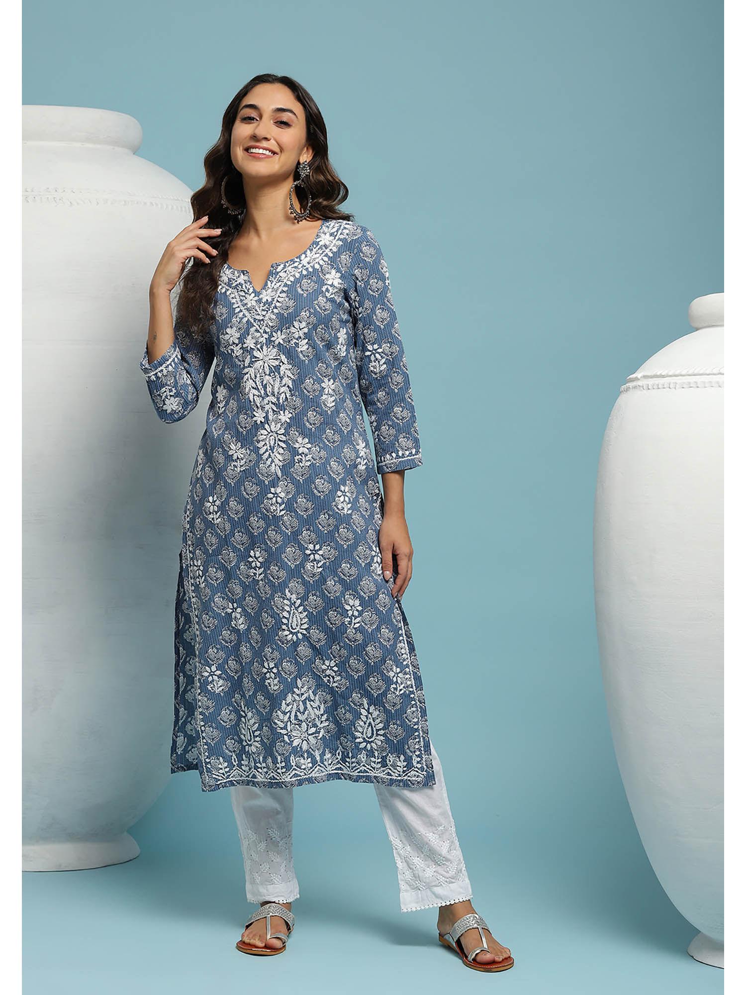 mulmul chikankari floral women's long kurta - blue