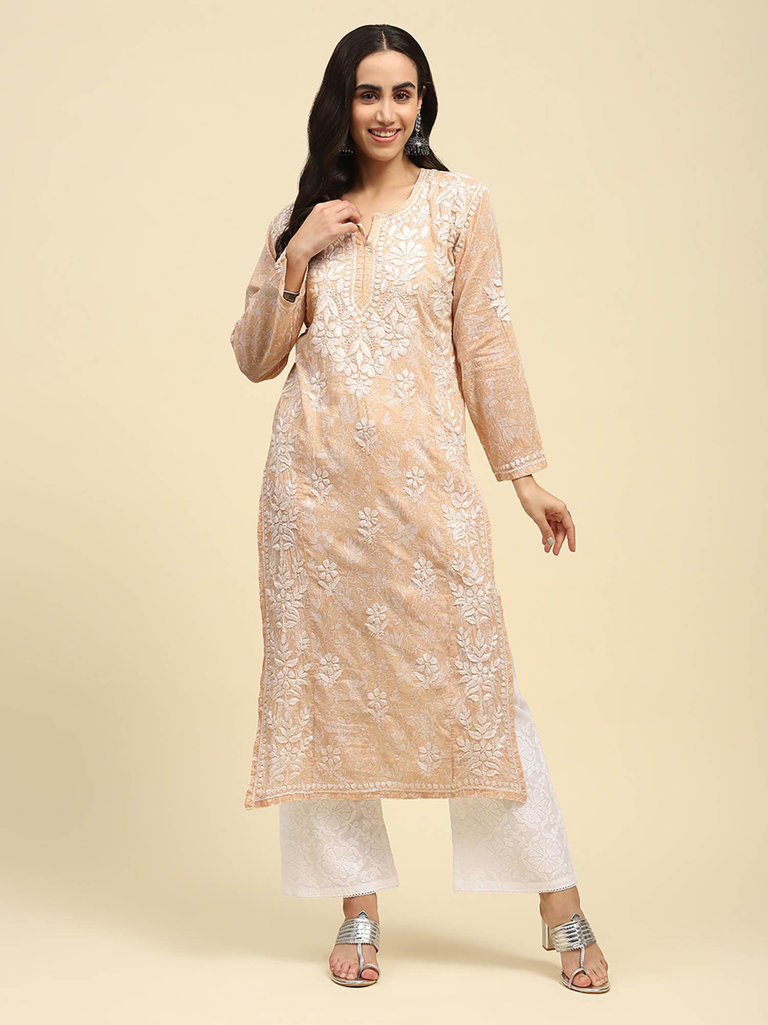 mulmul chikankari floral women beige kurta