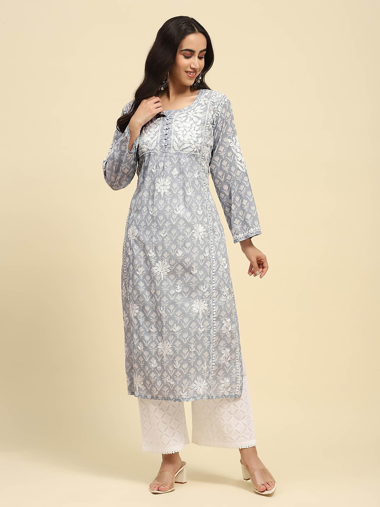 mulmul chikankari floral women grey kurta