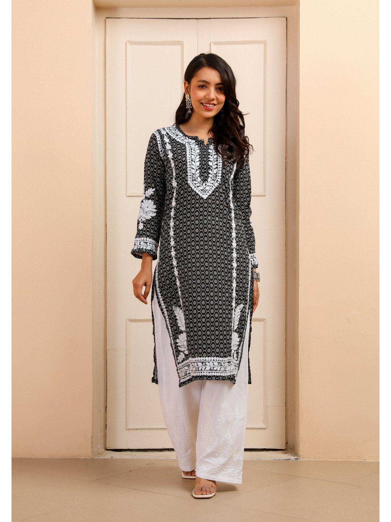 mulmul chikankari printed women kurta black