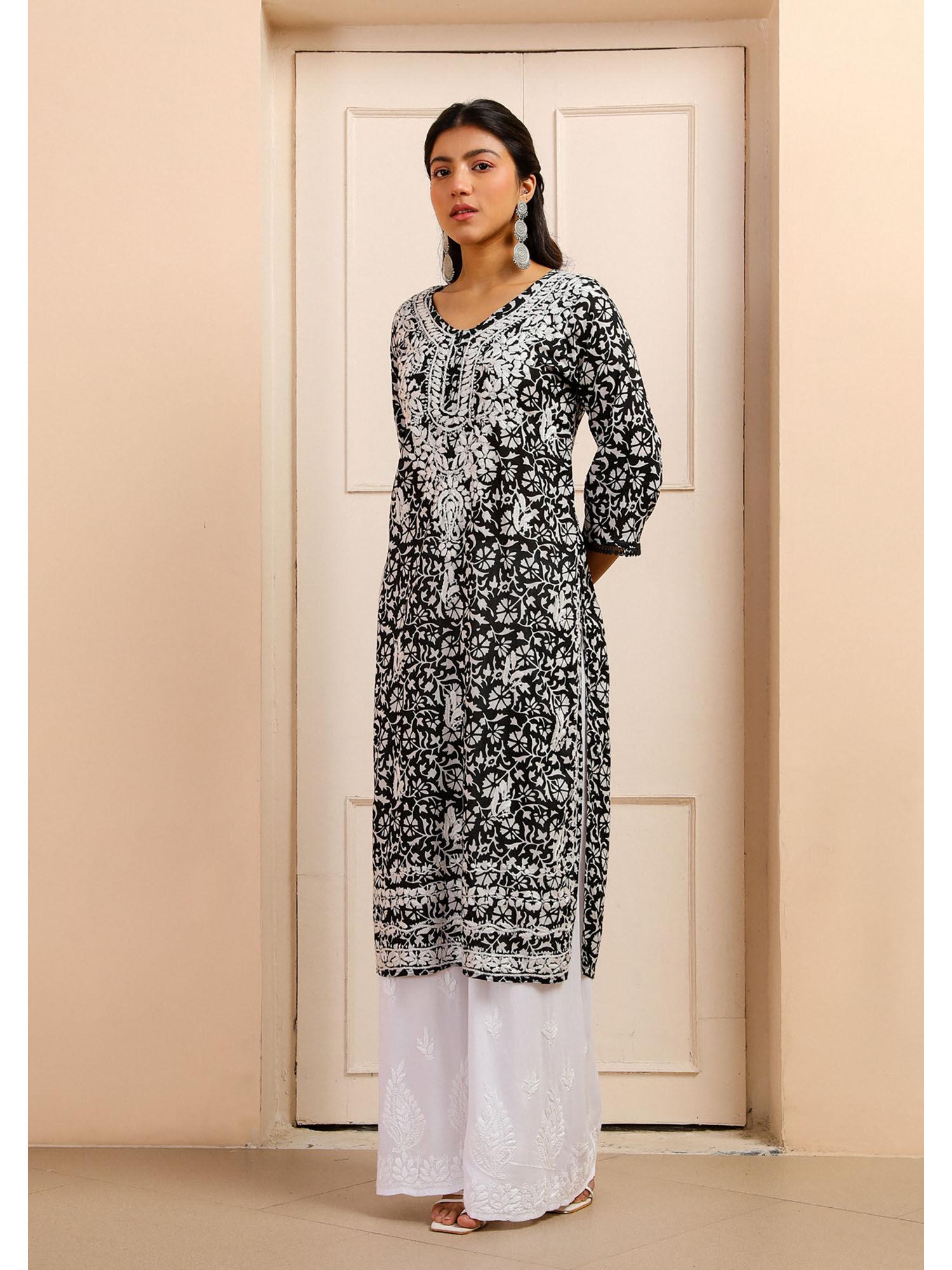 mulmul chikankari printed womens kurta-black