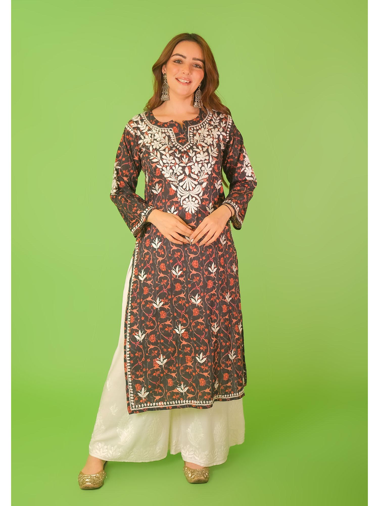 mulmul chikankari printed womens kurta-black