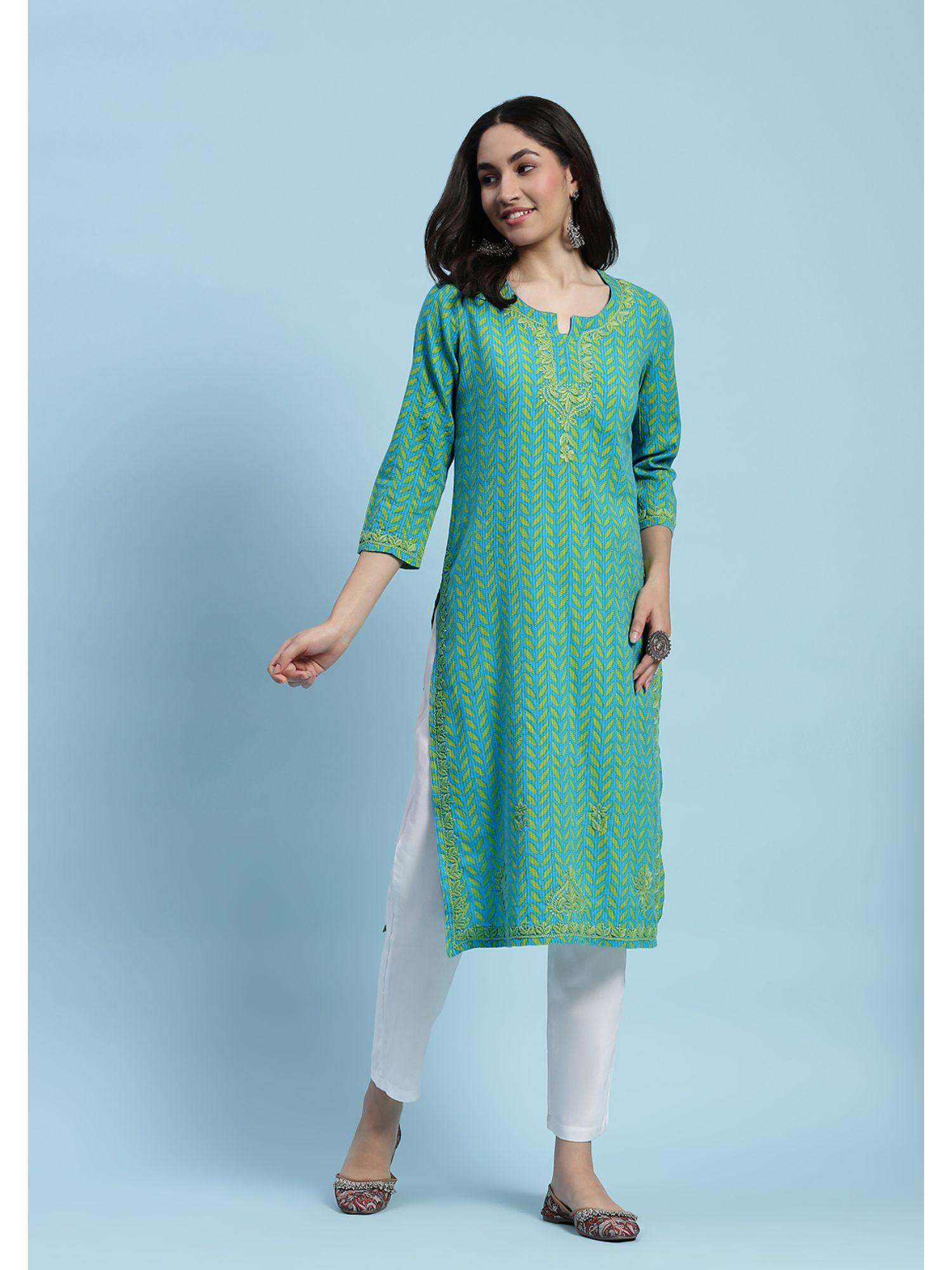 mulmul chikankari printed womens long kurta - blue