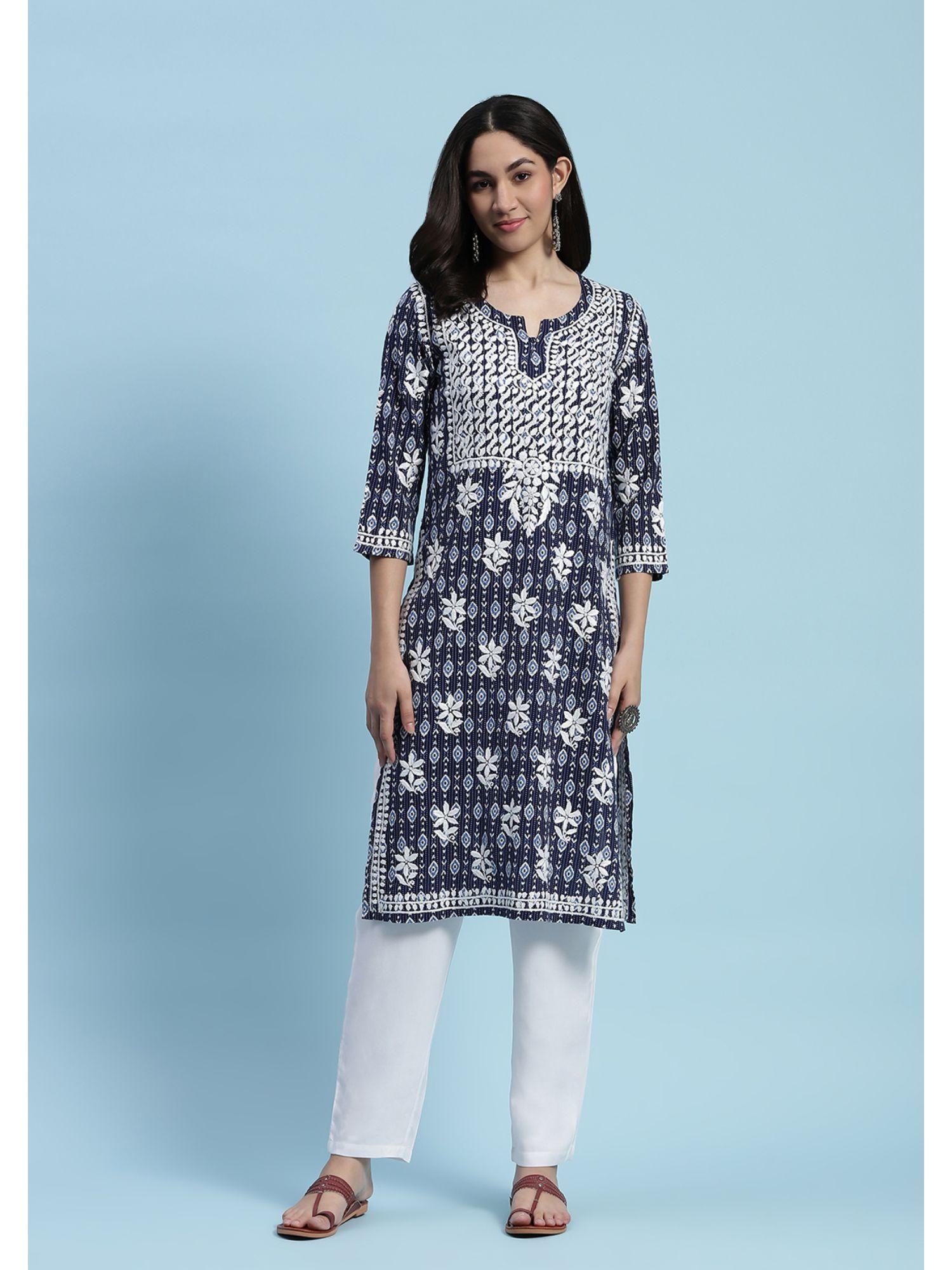 mulmul chikankari printed womens long kurta - navy blue