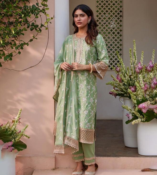 mulmul green agasti kurta with agasti pants and nariki dupatta