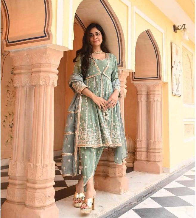 mulmul green sajeya anarkali with sajeya dhoti pants