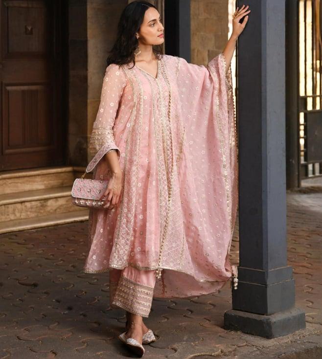 mulmul light pink palmer kurta with pant and palmer dupatta