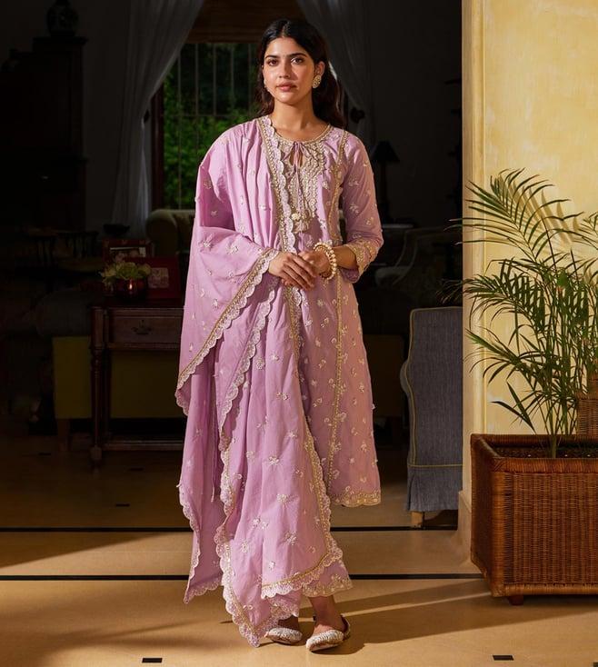 mulmul lilac adah kurta with adah pants and arfi dupatta