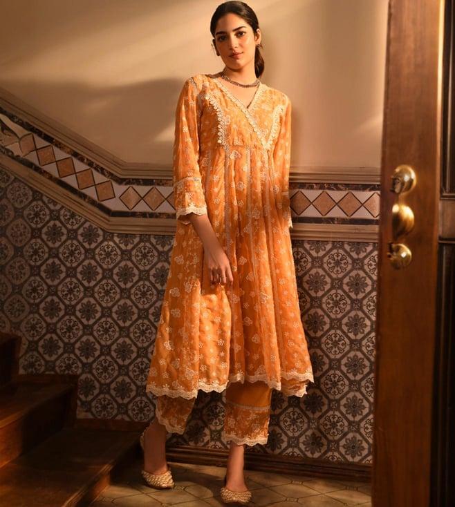 mulmul orange garmiyon ke din 2 bolour kurta with pant