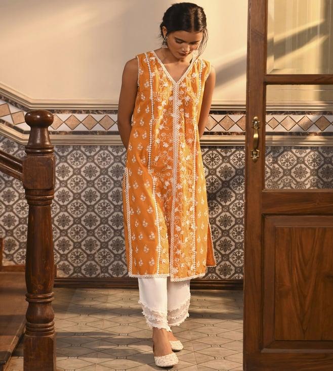 mulmul orange mulmul cotton ensi kurta with round hem organza panel pants