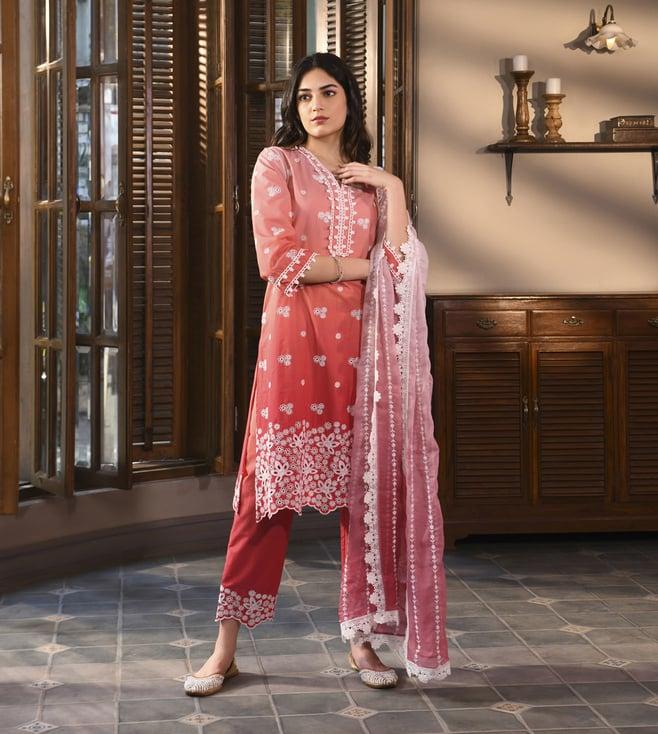 mulmul red mulmul cotton shae set with maia dupatta