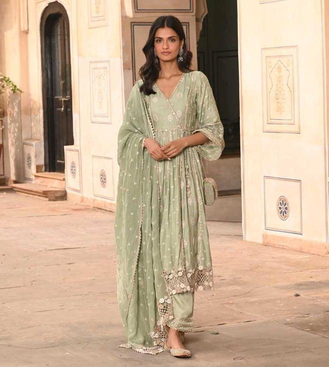 mulmul sage green chaiyya anarkali kurta with chaiyya pants and chaiyya dupatta