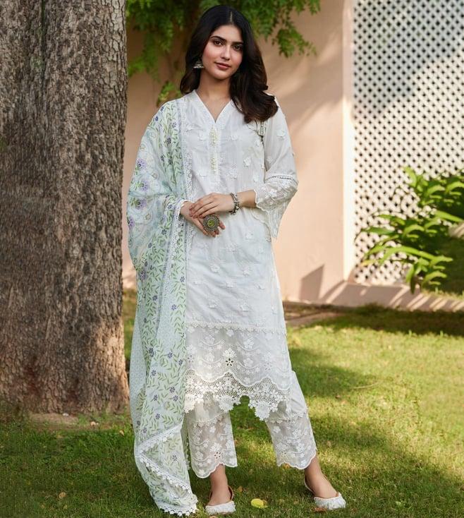 mulmul white reeva kurta with reeva pants