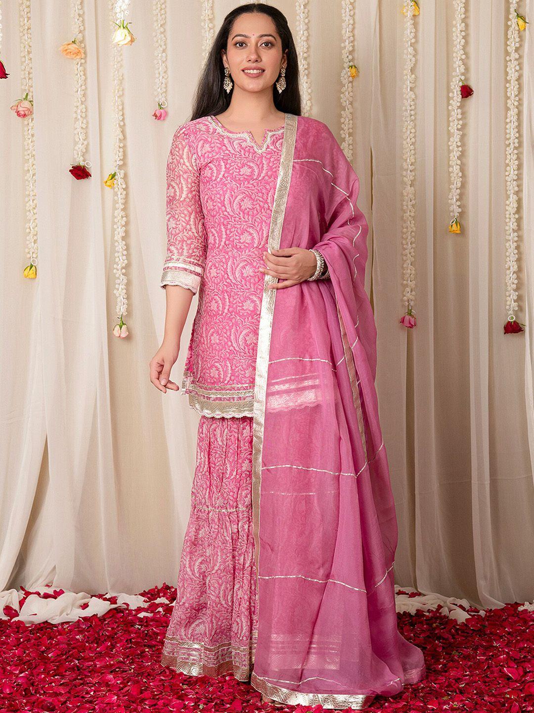 mulmul.com women ethnic motifs printed regular gotta patti chanderi cotton kurta with sharara & with dupatta