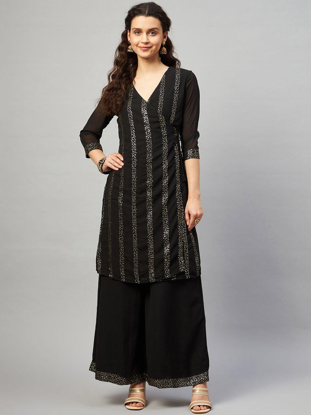 mulmul.com black sequinned embroidered angrakha kurta with palazzos & with dupatta