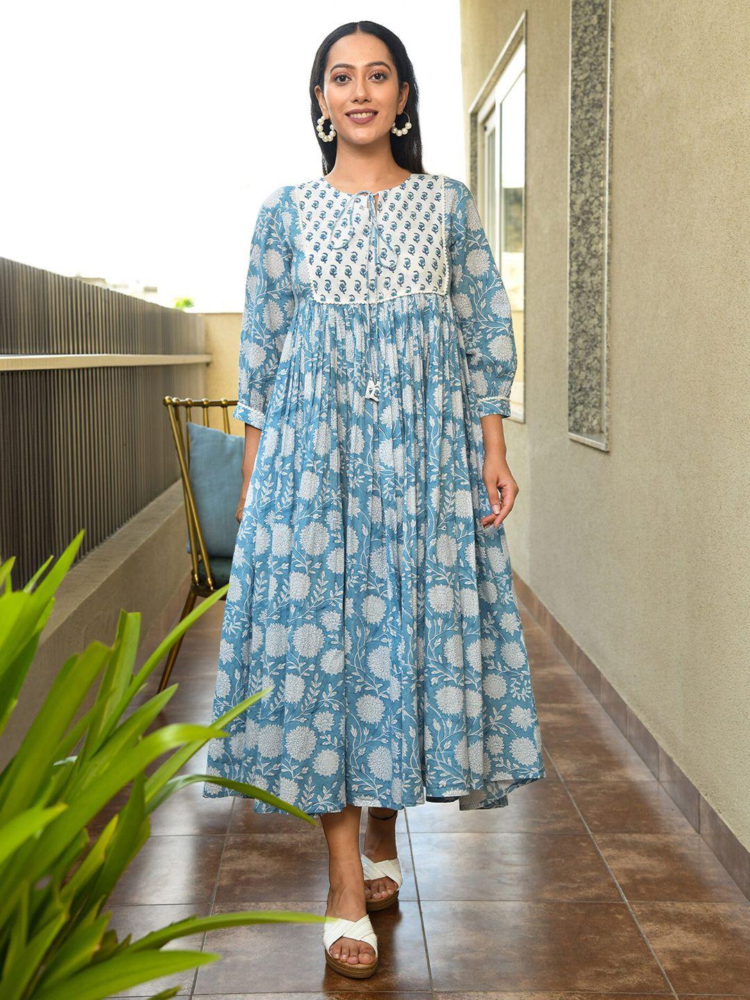 mulmul.com blue floral print formal fit & flare maxi dress