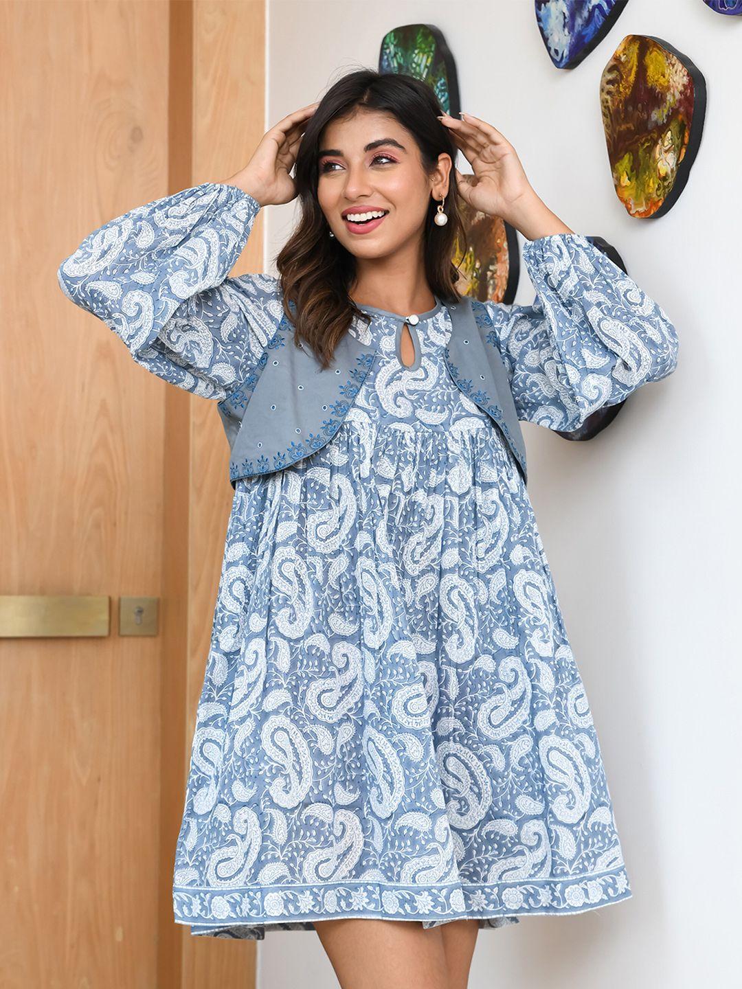mulmul.com ethnic motifs print flared sleeve a-line dress