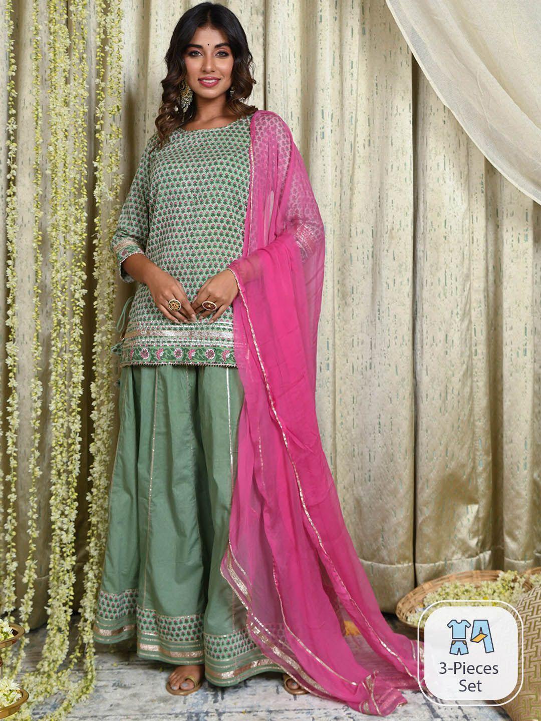 mulmul.com ethnic motifs printed gotta patti kurta with skirt & dupatta