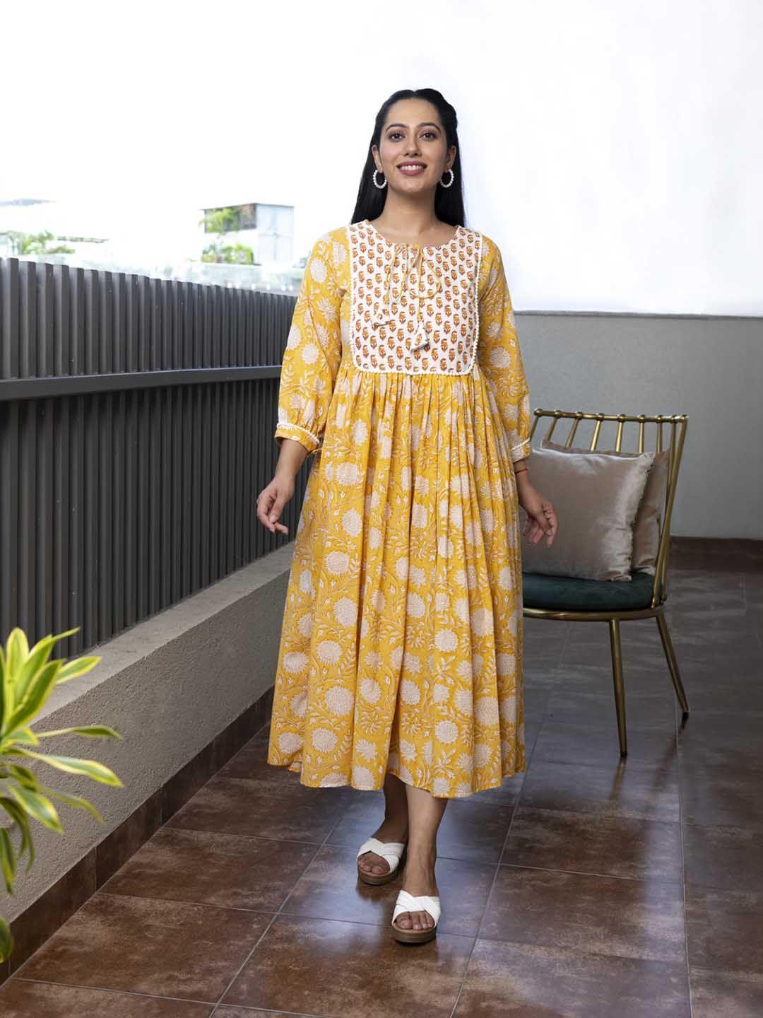 mulmul.com mustard yellow floral print lace a-line dress