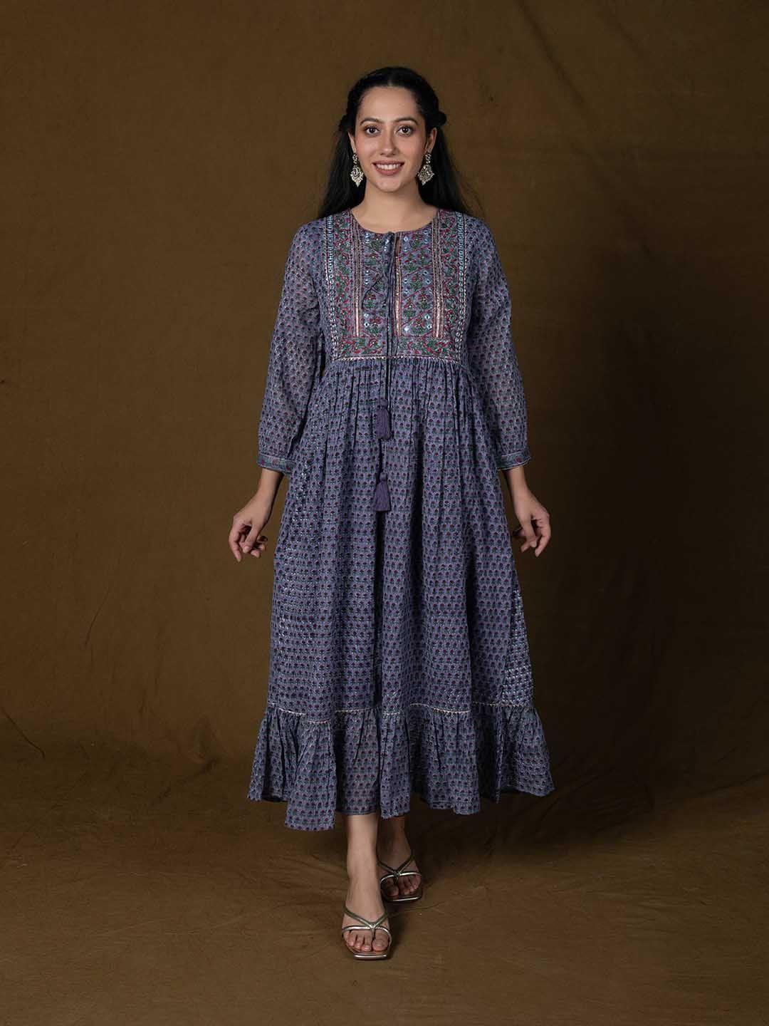 mulmul.com purple ethnic motifs print a-line midi dress
