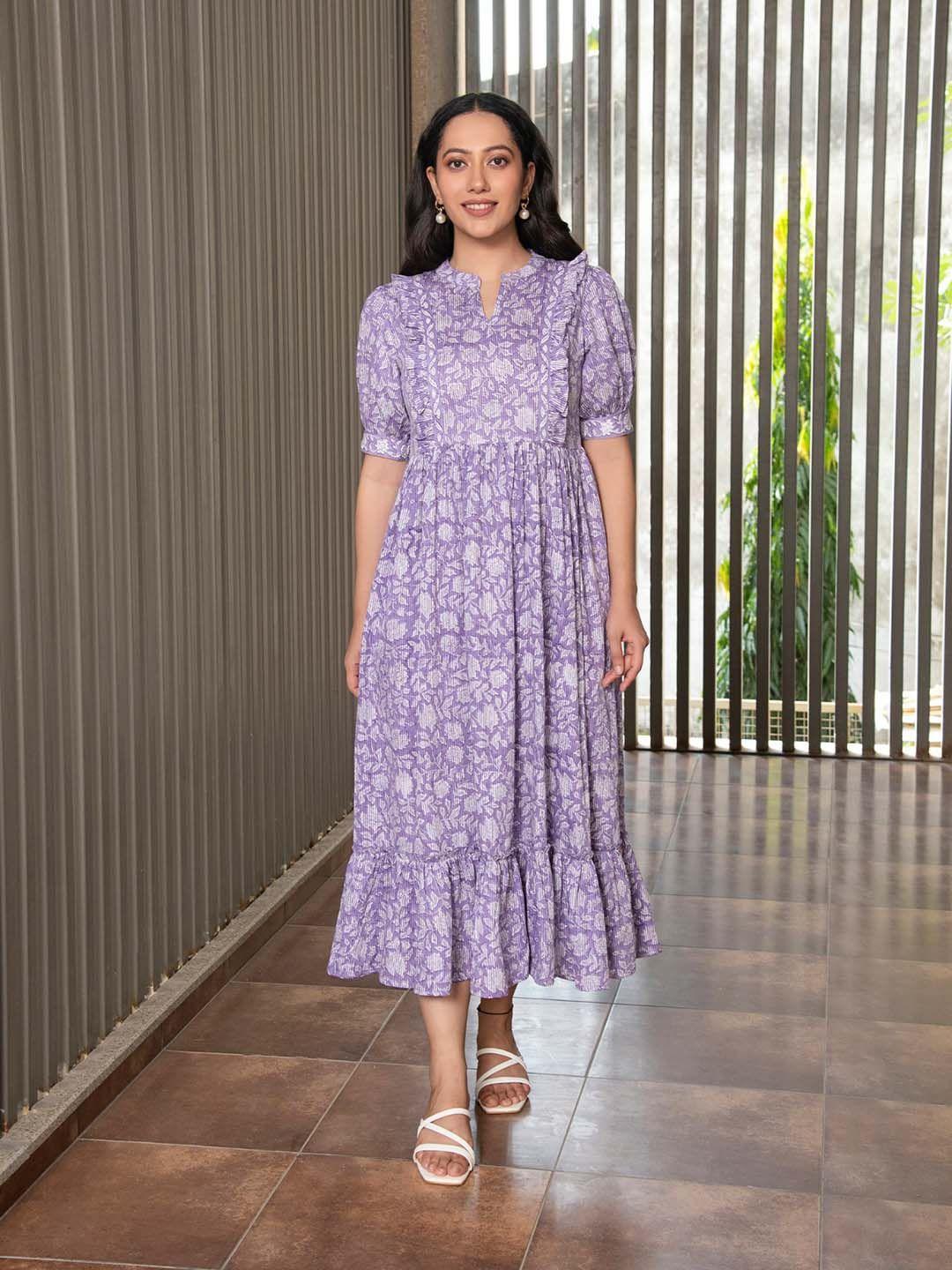 mulmul.com purple floral print fit & flare dress