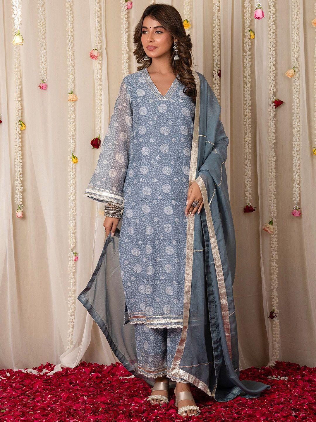 mulmul.com women ethnic motifs printed regular gotta patti chanderi cotton kurta with trousers & with dupatta