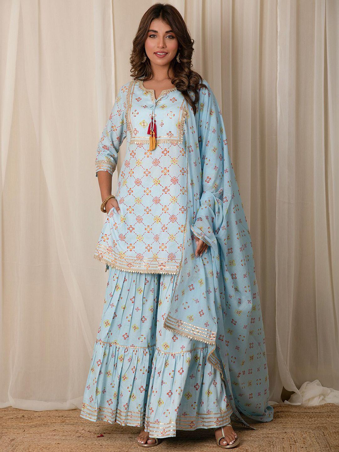 mulmul.com women ethnic motifs printed regular gotta patti pure cotton kurta with sharara & with dupatta