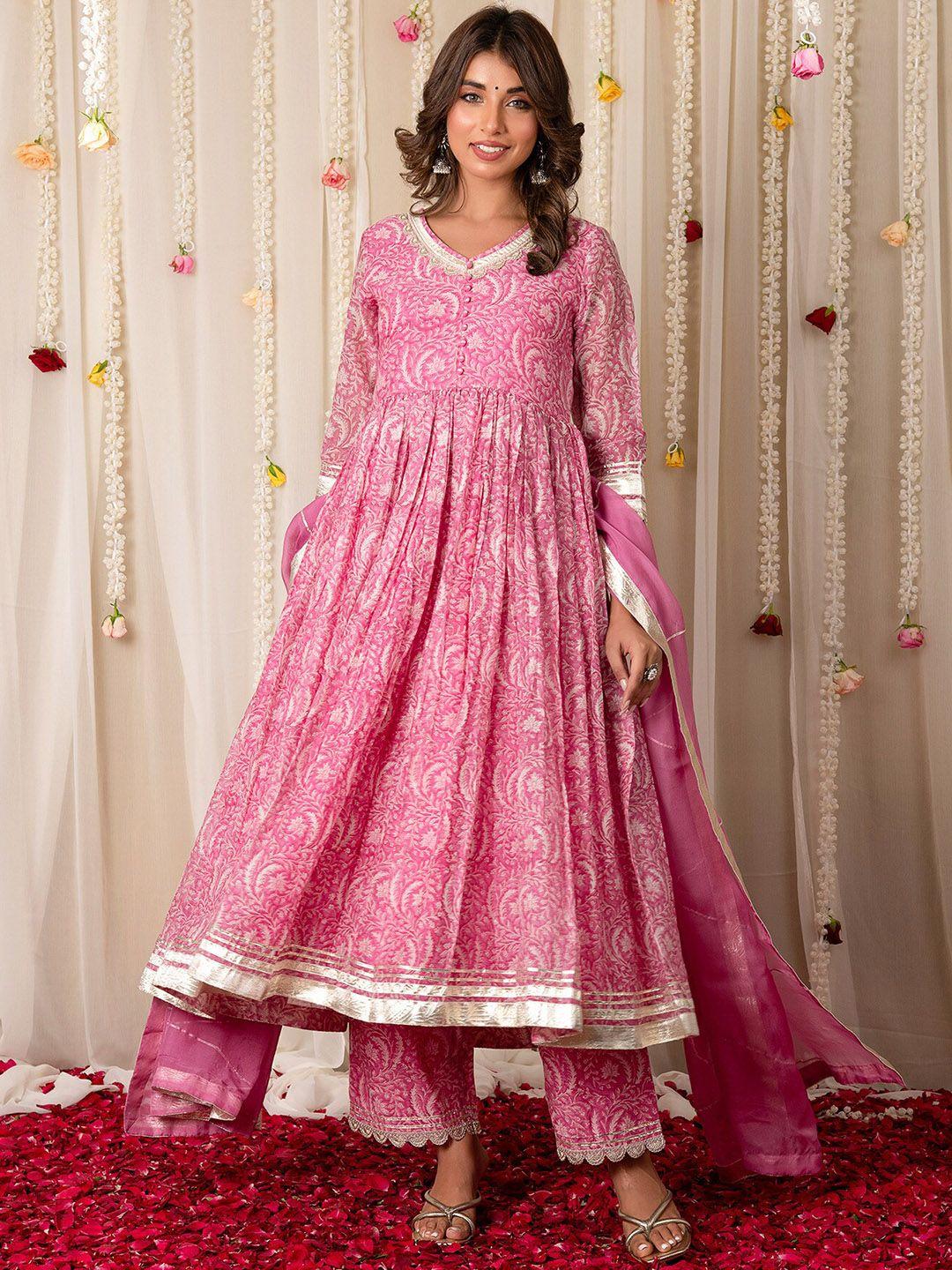 mulmul.com women floral printed pleated gotta patti chanderi cotton kurta with trousers & with dupatta