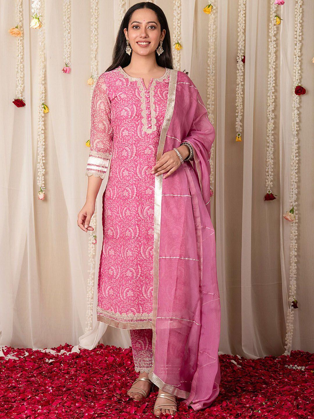 mulmul.com women floral printed regular gotta patti chanderi cotton kurta with trousers & with dupatta