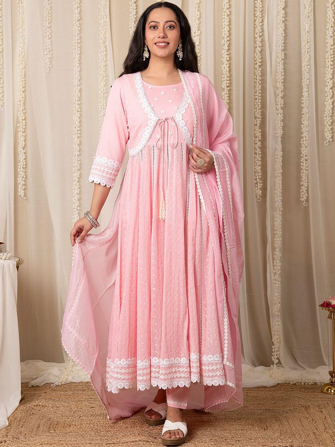 mulmul.com women floral regular thread work pure cotton kurta with trousers & with dupatta